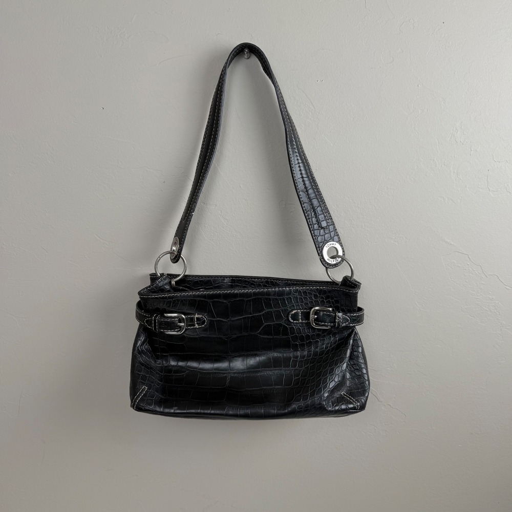 Tommy Hilfiger Black Croc Embossed Shoulder Bag Silver Buckle Baguette Handbag